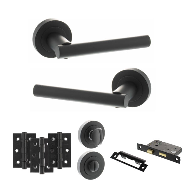 STATUS Nebraska Door Handle Pack (Bathroom Set - 2.5" CE Bathroom Lock, 3" Fire Rated Hinges x3) - Matt Black