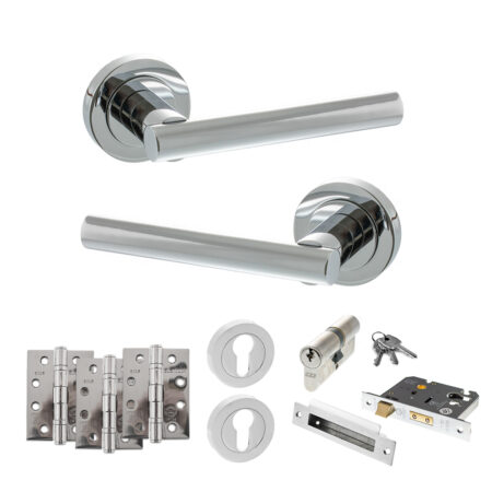 STATUS Nebraska Door Handle Pack (Euro Lock Set - 2.5" CE Sashlock, 4" Fire Rated Hinges x3) - Polished Chrome