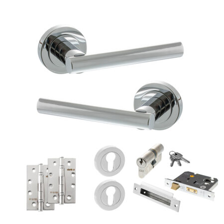 STATUS Nebraska Door Handle Pack (Euro Lock Set - 3" CE Sashlock, 4" Slim Knuckle Hinges x2) - Polished Chrome