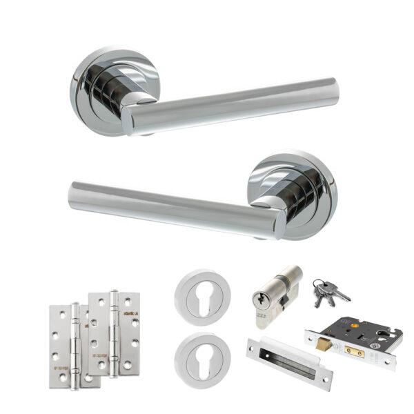 STATUS Nebraska Door Handle Pack (Euro Lock Set - 3" CE Sashlock, 4" Slim Knuckle Hinges x2) - Polished Chrome