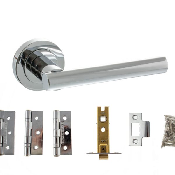 STATUS Nebraska Door Handle Pack (Latch Set - 3" CE Latch, 3" Fire Rated Hinges x3) - Polished Chrome