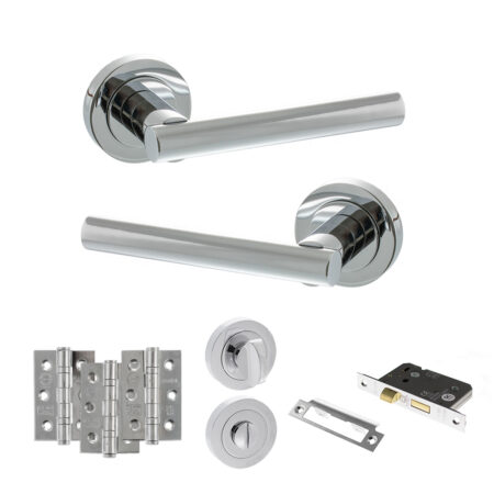 STATUS Nebraska Door Handle Pack (Bathroom Set - 3" CE Bathroom Lock, 3" Fire Rated Hinges x3) - Polished Chrome