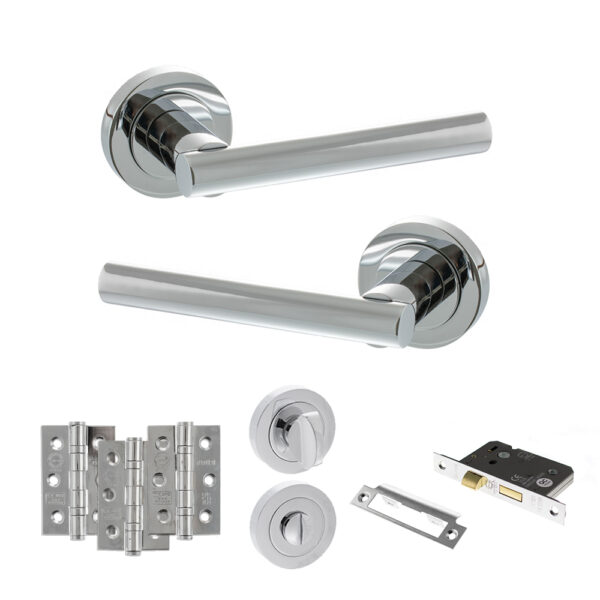 STATUS Nebraska Door Handle Pack (Bathroom Set - 3" CE Bathroom Lock, 3" Fire Rated Hinges x3) - Polished Chrome