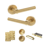 STATUS Nebraska Door Handle Pack (Bathroom Set - 3" CE Bathroom Lock, 4" Slim Knuckle Hinges x2) - Satin Brass