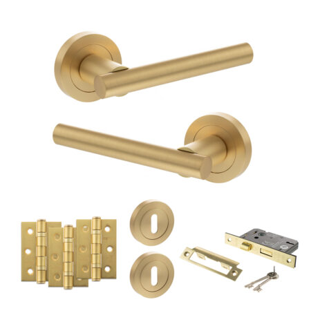 STATUS Nebraska Door Handle Pack (3 Lever Lock Set - 2.5" CE Sashlock, 3" Fire Rated Hinges x3) - Satin Brass