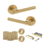Atlantic STATUS Nebraska Door Handle Pack (3 Lever Lock Set - 2.5" CE Sashlock, 4" Fire Rated Hinges x3) - Satin Brass