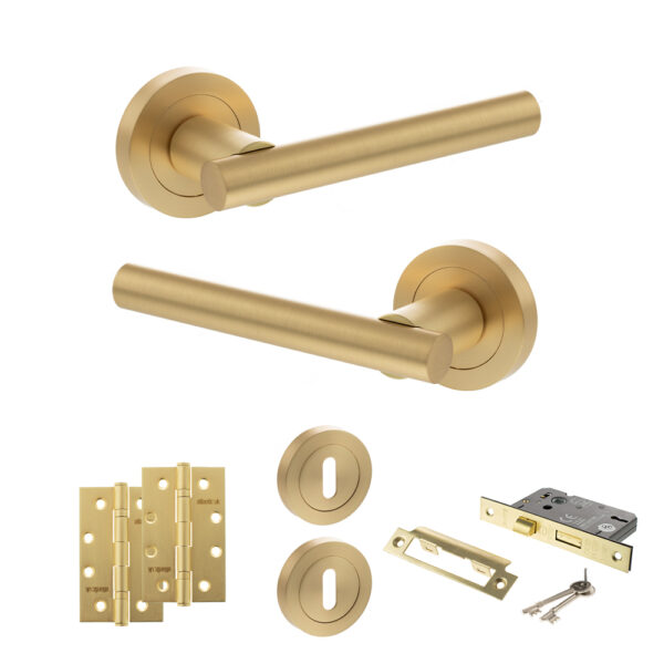 STATUS Nebraska Door Handle Pack (3 Lever Lock Set - 3" CE Sashlock, 4" Slim Knuckle Hinges x2) - Satin Brass
