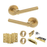 STATUS Nebraska Door Handle Pack (Euro Lock Set - 2.5" CE Sashlock, 3" Fire Rated Hinges x3) - Satin Brass