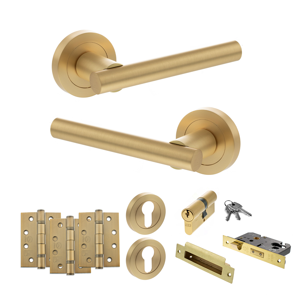 ADPS28RSB23_STATUS20NEBRASKA20SATIN20BRASS.jpg Atlantic STATUS Nebraska Door Handle Pack (Euro Lock Set - 3" CE Sashlock, 4" Fire Rated Hinges x3) - Satin Brass - Image 1