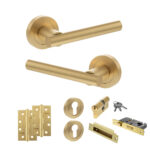 STATUS Nebraska Door Handle Pack (Euro Lock Set - 3" CE Sashlock, 4" Slim Knuckle Hinges x2) - Satin Brass