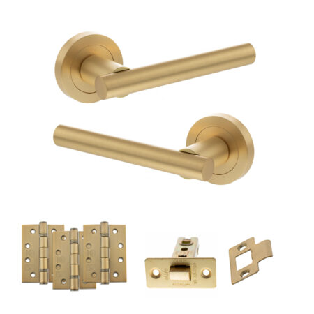 STATUS Nebraska Door Handle Pack (Latch Set - 2.5" CE Latch, 4" Fire Rated Hinges x3) - Satin Brass