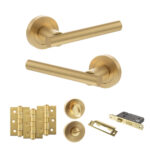 STATUS Nebraska Door Handle Pack (Bathroom Set - 3" CE Bathroom Lock, 3" Fire Rated Hinges x3) - Satin Brass