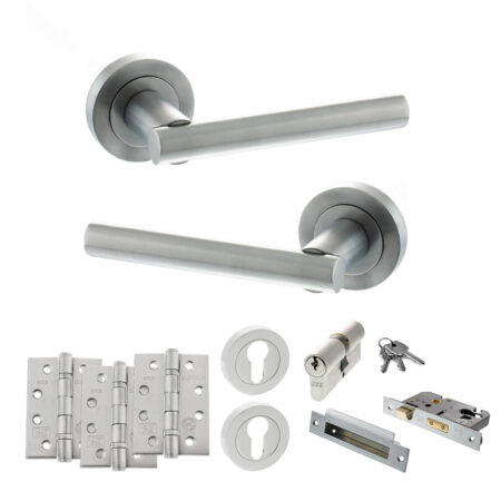 STATUS Nebraska Door Handle Pack (Euro Lock Set - 2.5" CE Sashlock, 4" Fire Rated Hinges x3) - Satin Chrome