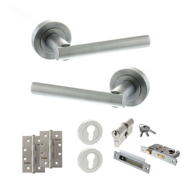 STATUS Nebraska Door Handle Pack (Euro Lock Set - 3" CE Sashlock, 4" Slim Knuckle Hinges x2) - Satin Chrome