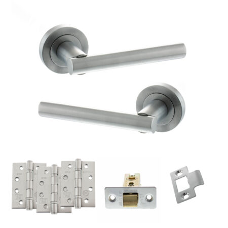 STATUS Nebraska Door Handle Pack (Latch Set - 2.5" CE Latch, 4" Fire Rated Hinges x3) - Satin Chrome