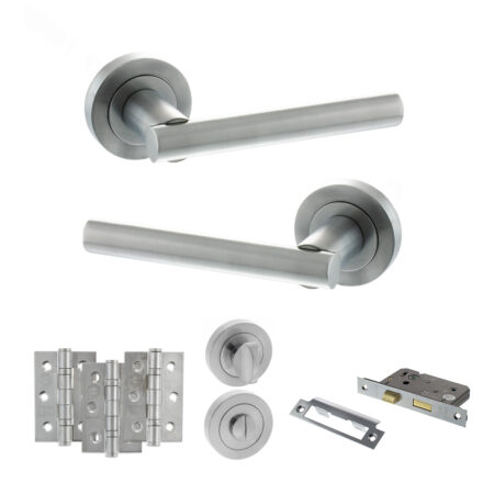 STATUS Nebraska Door Handle Pack (Bathroom Set - 3" CE Bathroom Lock, 3" Fire Rated Hinges x3) - Satin Chrome