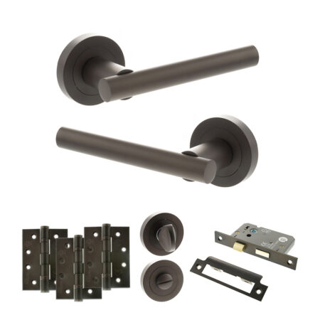 STATUS Nebraska Door Handle Pack (Bathroom Set - 2.5" CE Bathroom Lock, 4" Fire Rated Hinges x3) - Urban Dark Bronze