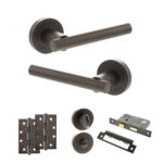 STATUS Nebraska Door Handle Pack (Bathroom Set - 2.5" CE Bathroom Lock, 4" Slim Knuckle Hinges x2) - Urban Dark Bronze