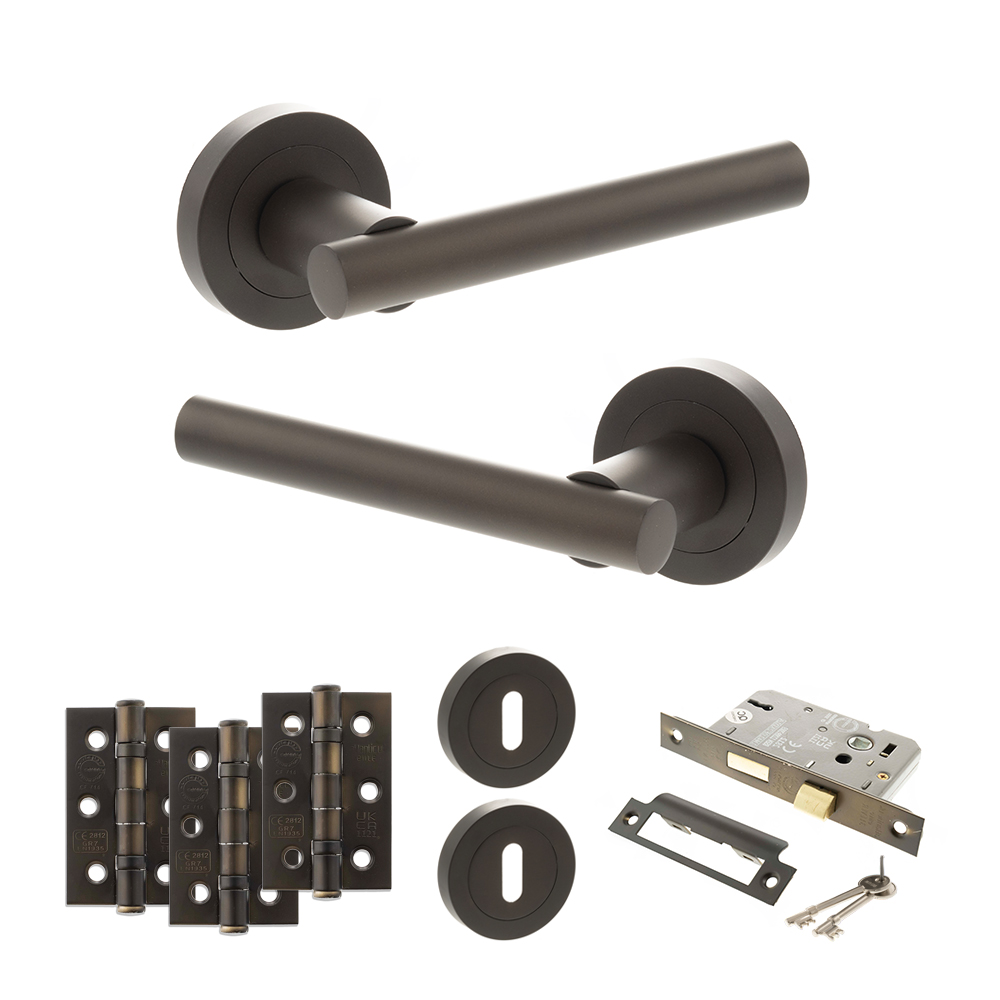 ADPS28RUDB15_STATUS20NEBRASKA20URBAN20DARK20BRONZE.jpg Atlantic STATUS Nebraska Door Handle Pack (3 Lever Lock Set - 3" CE Sashlock, 3" Fire Rated Hinges x3) - Urban Dark Bronze - Image 1