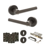 STATUS Nebraska Door Handle Pack (3 Lever Lock Set - 2.5" CE Sashlock, 4" Fire Rated Hinges x3) - Urban Dark Bronze