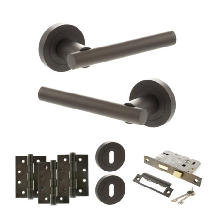 STATUS Nebraska Door Handle Pack (3 Lever Lock Set - 2.5" CE Sashlock, 4" Fire Rated Hinges x3) - Urban Dark Bronze