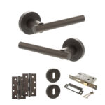 STATUS Nebraska Door Handle Pack (3 Lever Lock Set - 2.5" CE Sashlock, 4" Slim Knuckle Hinges x2) - Urban Dark Bronze