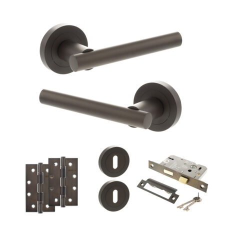 STATUS Nebraska Door Handle Pack (3 Lever Lock Set - 3" CE Sashlock, 4" Slim Knuckle Hinges x2) - Urban Dark Bronze