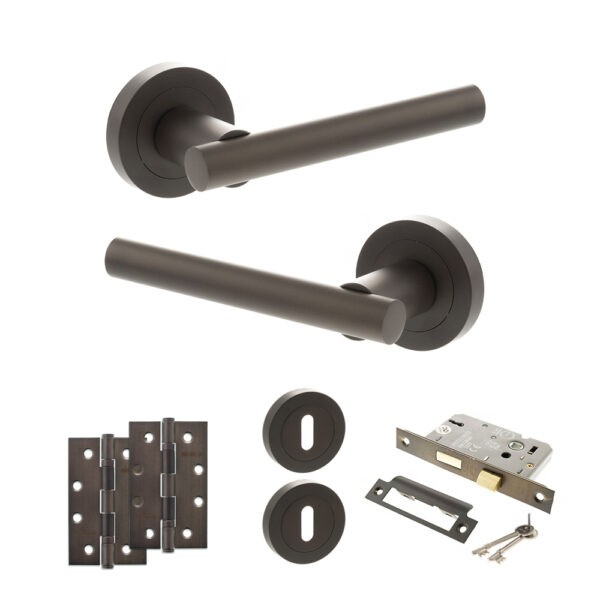 STATUS Nebraska Door Handle Pack (3 Lever Lock Set - 3" CE Sashlock, 4" Slim Knuckle Hinges x2) - Urban Dark Bronze