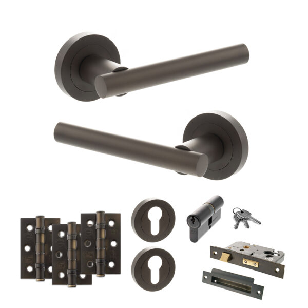 STATUS Nebraska Door Handle Pack (Euro Lock Set - 2.5" CE Sashlock, 3" Fire Rated Hinges x3) - Urban Dark Bronze
