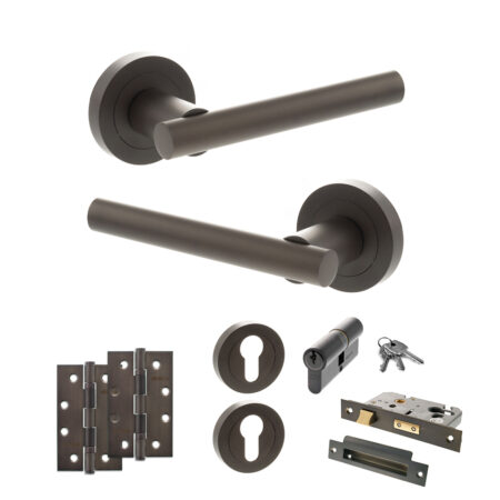 STATUS Nebraska Door Handle Pack (Euro Lock Set - 2.5" CE Sashlock, 4" Slim Knuckle Hinges x2) - Urban Dark Bronze