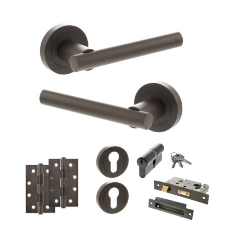 Atlantic STATUS Nebraska Door Handle Pack (Euro Lock Set - 3" CE Sashlock, 4" Slim Knuckle Hinges x2) - Urban Dark Bronze