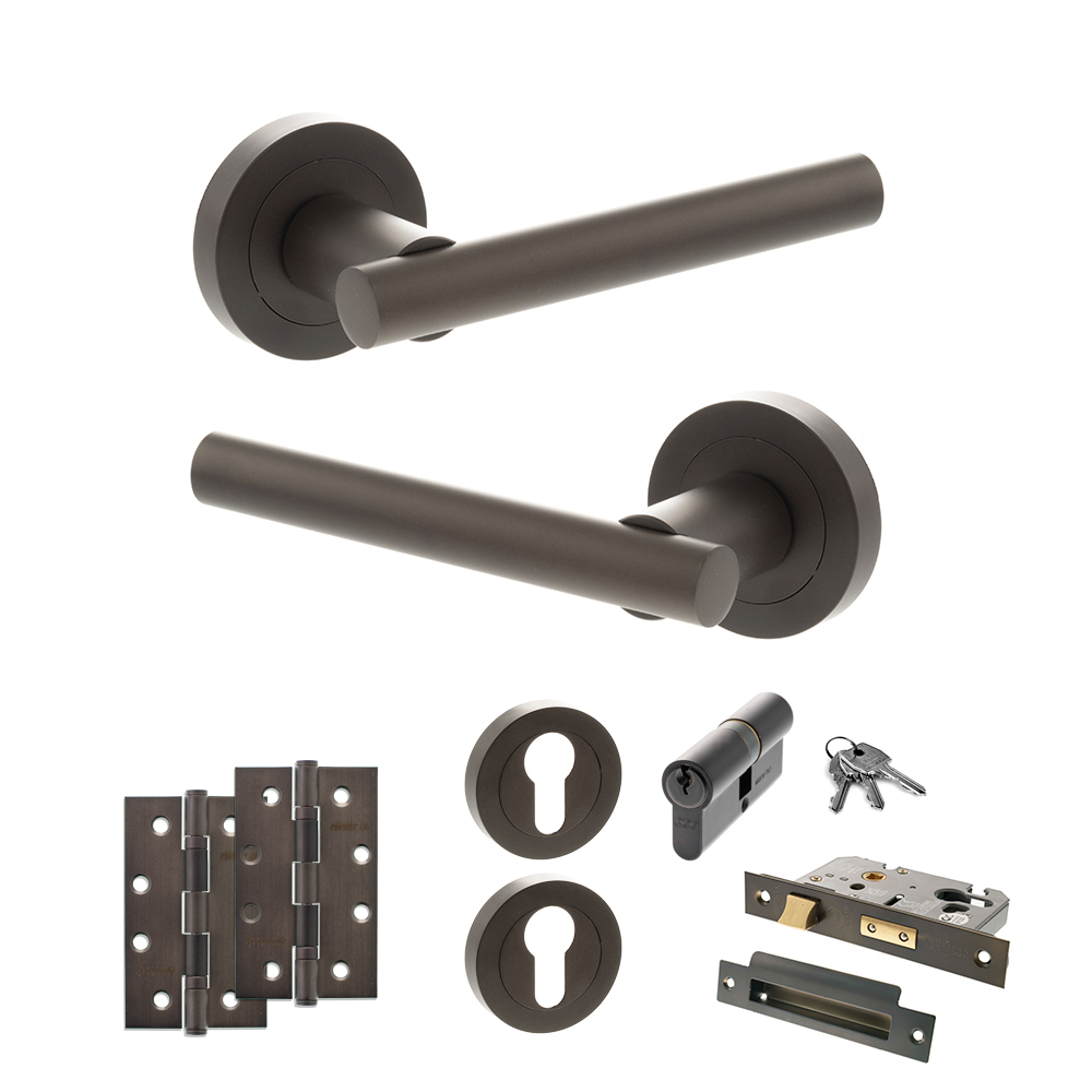 ADPS28RUDB25_STATUS20NEBRASKA20URBAN20DARK20BRONZE.jpg Atlantic STATUS Nebraska Door Handle Pack (Euro Lock Set - 3" CE Sashlock, 4" Slim Knuckle Hinges x2) - Urban Dark Bronze - Image 1