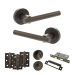 STATUS Nebraska Door Handle Pack (Bathroom Set - 3" CE Bathroom Lock, 3" Fire Rated Hinges x3) - Urban Dark Bronze