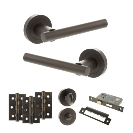 STATUS Nebraska Door Handle Pack (Bathroom Set - 3" CE Bathroom Lock, 3" Fire Rated Hinges x3) - Urban Dark Bronze