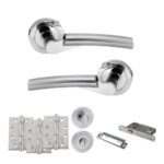 STATUS Florida Door Handle Pack (Bathroom Set - 2.5" CE Bathroom Lock, 4" Fire Rated Hinges x3) - Satin Chrome/Polished Chrome