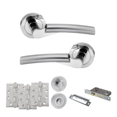 STATUS Florida Door Handle Pack (Bathroom Set - 2.5" CE Bathroom Lock, 4" Fire Rated Hinges x3) - Satin Chrome/Polished Chrome
