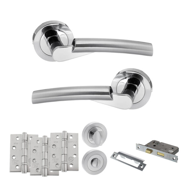 STATUS Florida Door Handle Pack (Bathroom Set - 3" CE Bathroom Lock, 4" Fire Rated Hinges x3) - Satin Chrome/Polished Chrome