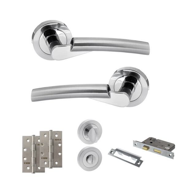 STATUS Florida Door Handle Pack (Bathroom Set - 3" CE Bathroom Lock, 4" Slim Knuckle Hinges x2) - Satin Chrome/Polished Chrome