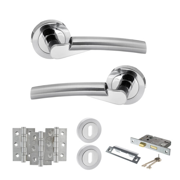 STATUS Florida Door Handle Pack (3 Lever Lock Set - 2.5" CE Sashlock, 3" Fire Rated Hinges x3) - Satin Chrome/Polished Chrome