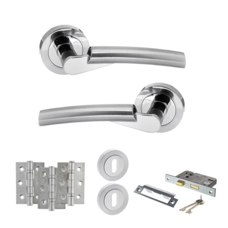 STATUS Florida Door Handle Pack (3 Lever Lock Set - 3" CE Sashlock, 3" Fire Rated Hinges x3) - Satin Chrome/Polished Chrome