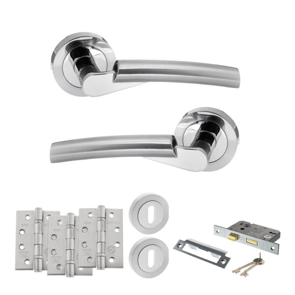 STATUS Florida Door Handle Pack (3 Lever Lock Set - 2.5" CE Sashlock, 4" Fire Rated Hinges x3) - Satin Chrome/Polished Chrome