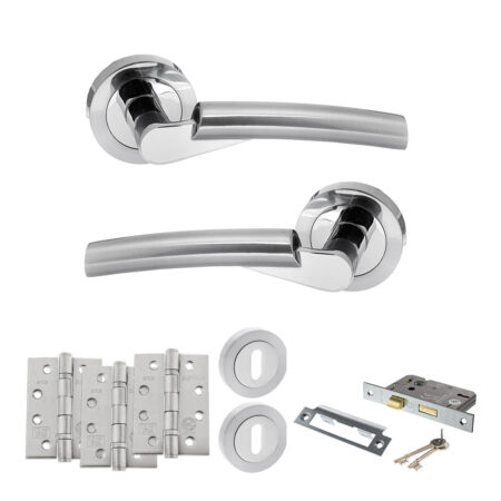 STATUS Florida Door Handle Pack (3 Lever Lock Set - 3" CE Sashlock, 4" Fire Rated Hinges x3) - Satin Chrome/Polished Chrome