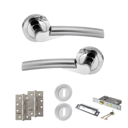 STATUS Florida Door Handle Pack (3 Lever Lock Set - 2.5" CE Sashlock, 4" Slim Knuckle Hinges x2) - Satin Chrome/Polished Chrome