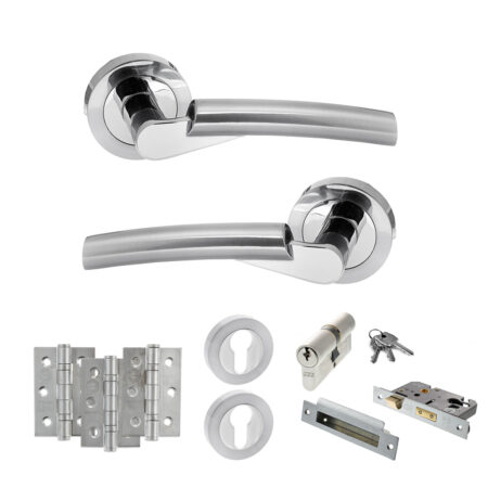 STATUS Florida Door Handle Pack (Euro Lock Set - 3" CE Sashlock, 3" Fire Rated Hinges x3) - Satin Chrome/Polished Chrome