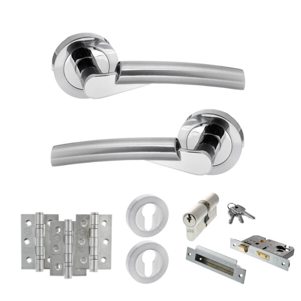 STATUS Florida Door Handle Pack (Euro Lock Set - 3" CE Sashlock, 3" Fire Rated Hinges x3) - Satin Chrome/Polished Chrome