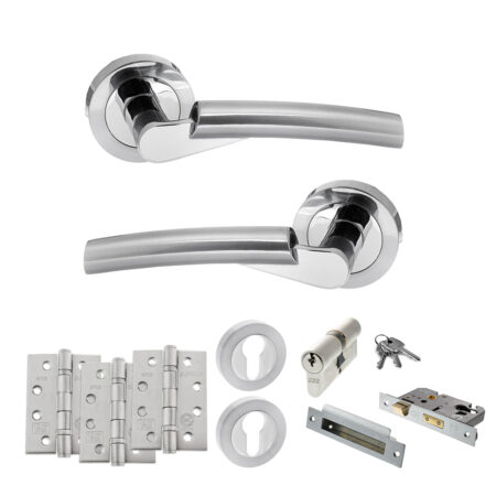 STATUS Florida Door Handle Pack (Euro Lock Set - 3" CE Sashlock, 4" Fire Rated Hinges x3) - Satin Chrome/Polished Chrome