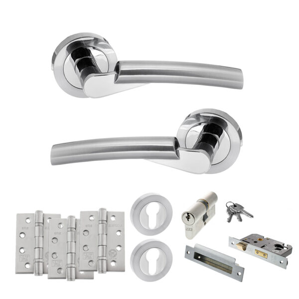 STATUS Florida Door Handle Pack (Euro Lock Set - 3" CE Sashlock, 4" Fire Rated Hinges x3) - Satin Chrome/Polished Chrome