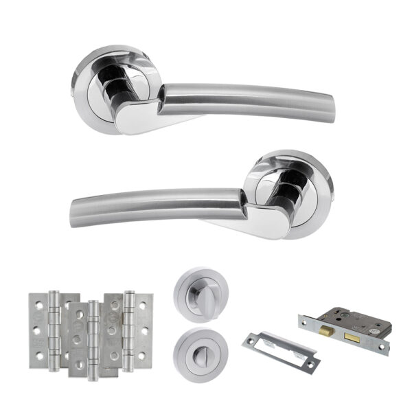 STATUS Florida Door Handle Pack (Bathroom Set - 3" CE Bathroom Lock, 3" Fire Rated Hinges x3) - Satin Chrome/Polished Chrome