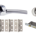 STATUS Florida Door Handle Pack (Bathroom Set - 2.5" CE Bathroom Lock, 3" Fire Rated Hinges x3) - Satin Chrome/Polished Chrome