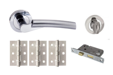 STATUS Florida Door Handle Pack (Bathroom Set - 2.5" CE Bathroom Lock, 3" Fire Rated Hinges x3) - Satin Chrome/Polished Chrome